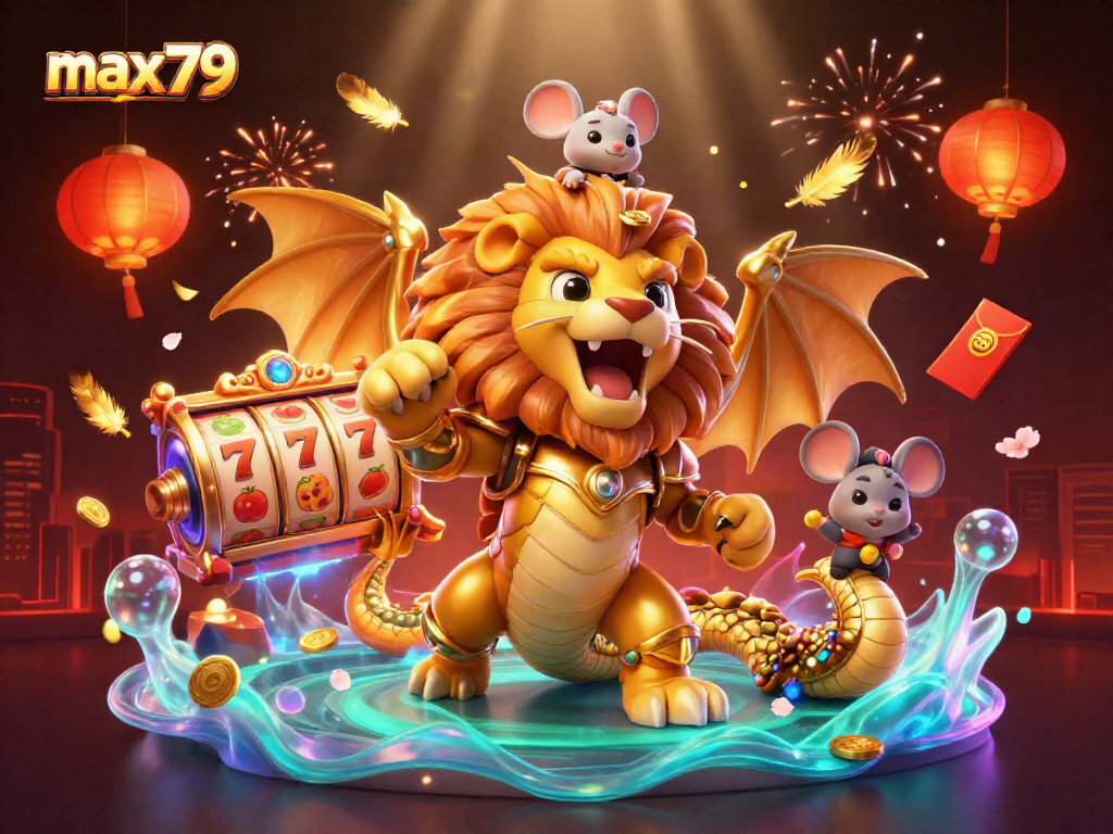 Max79 slots scene featuring a triumphant chimera with roulette and neon details.