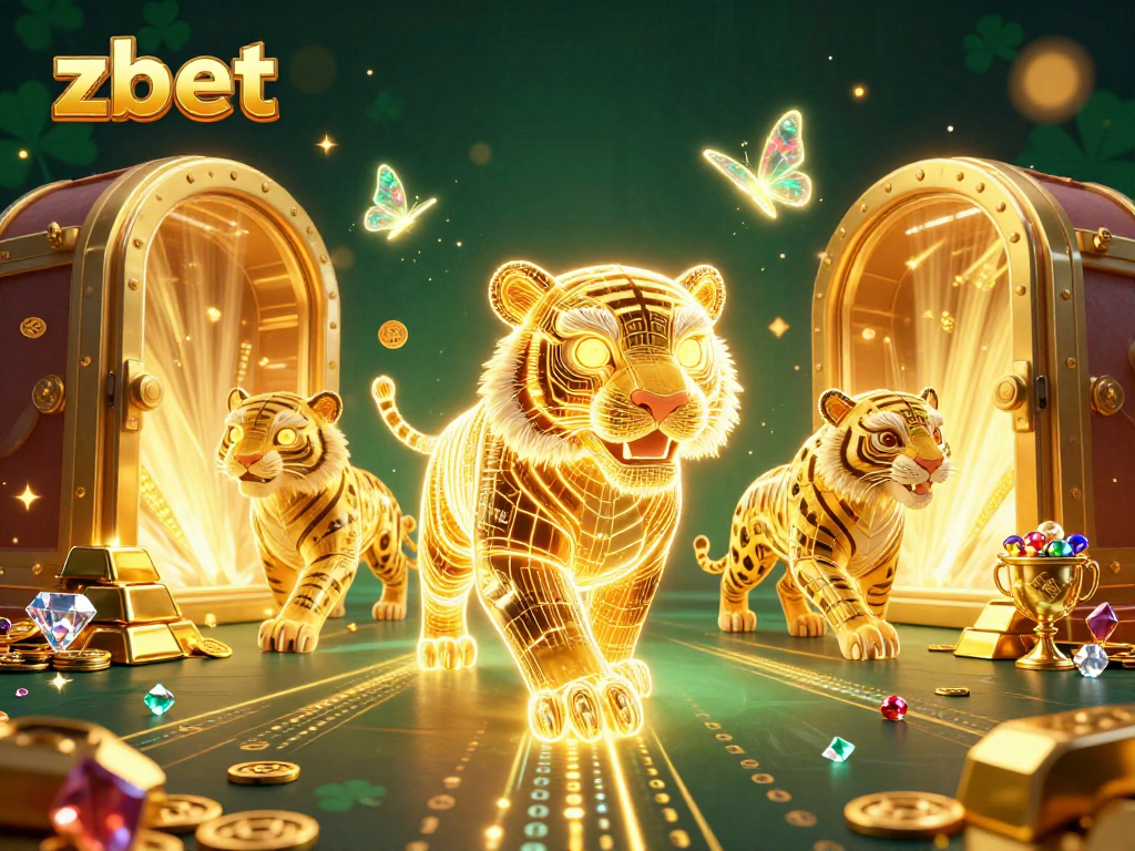 Engage in zbet's thrilling casino adventure with a radiant golden tiger in a dazzling digital landscape.