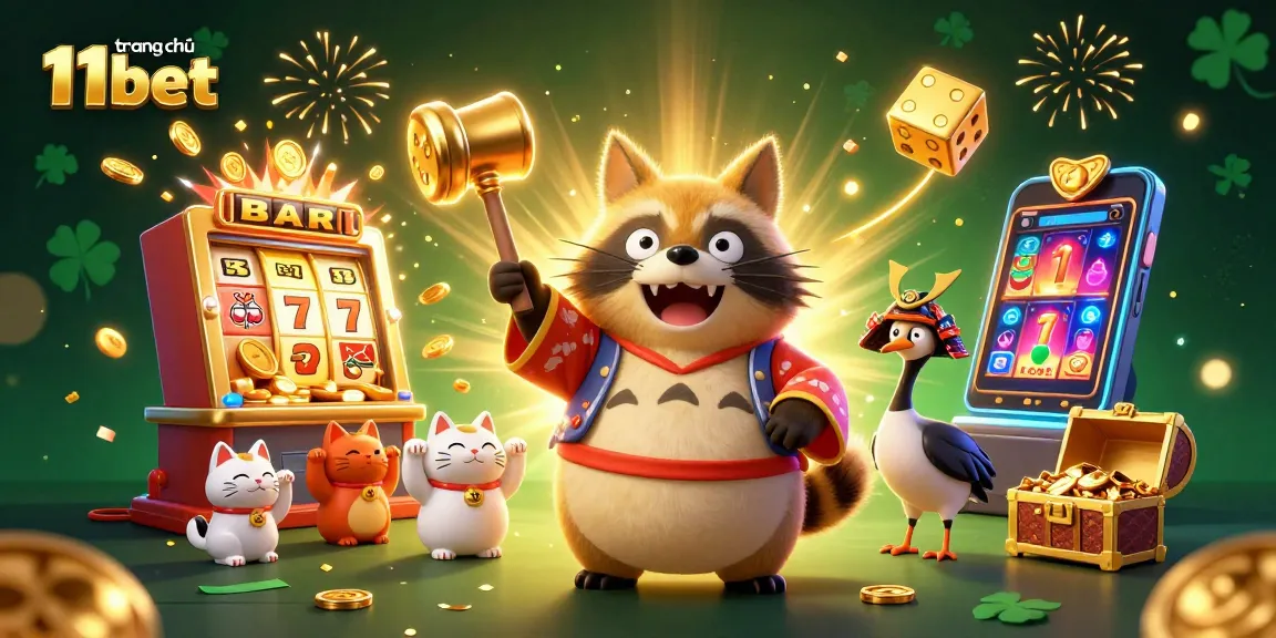 Experience jackpots on trang chủ 11bet with a vibrant scene of a cheerful tanuki and lucky symbols.