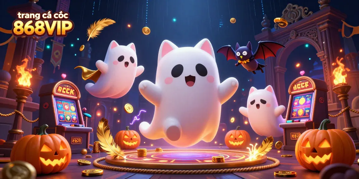 Experience the excitement of trang cá cược 868VIP with friendly ghost cat and vampire bat in a haunted casino setting.