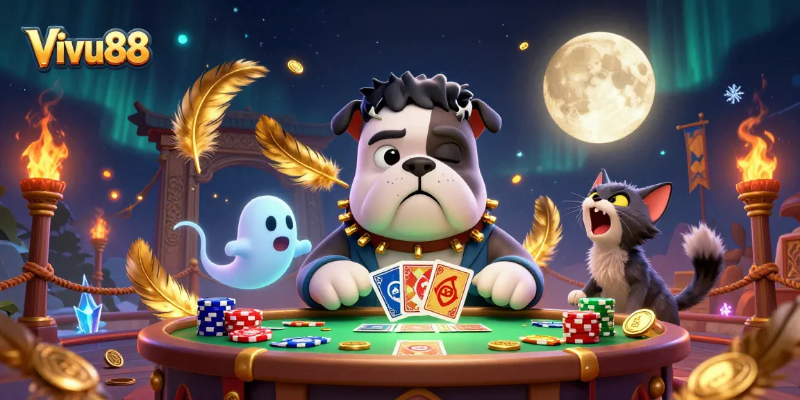 Experience thrilling card games at Vivu88 featuring a cartoon bulldog dealer and festive casino elements.