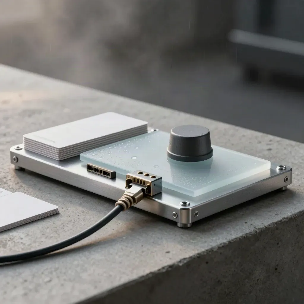 Brushed aluminium AI workbench kit with glass, cable, blocks and graphite puck on sage-grey stone.