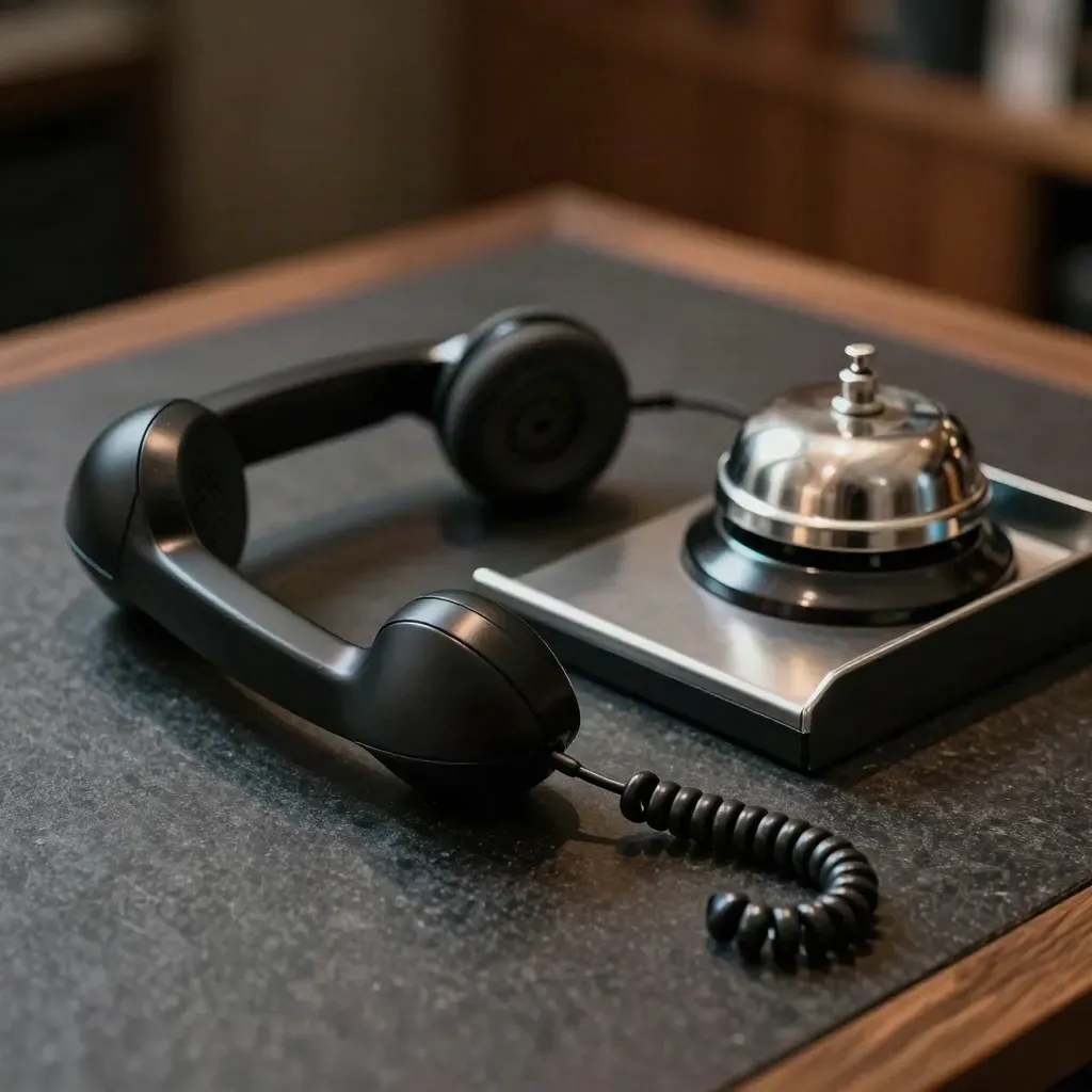 Telephone handset, headset cradle, desk bell and queue tray on dark stone with warm haze