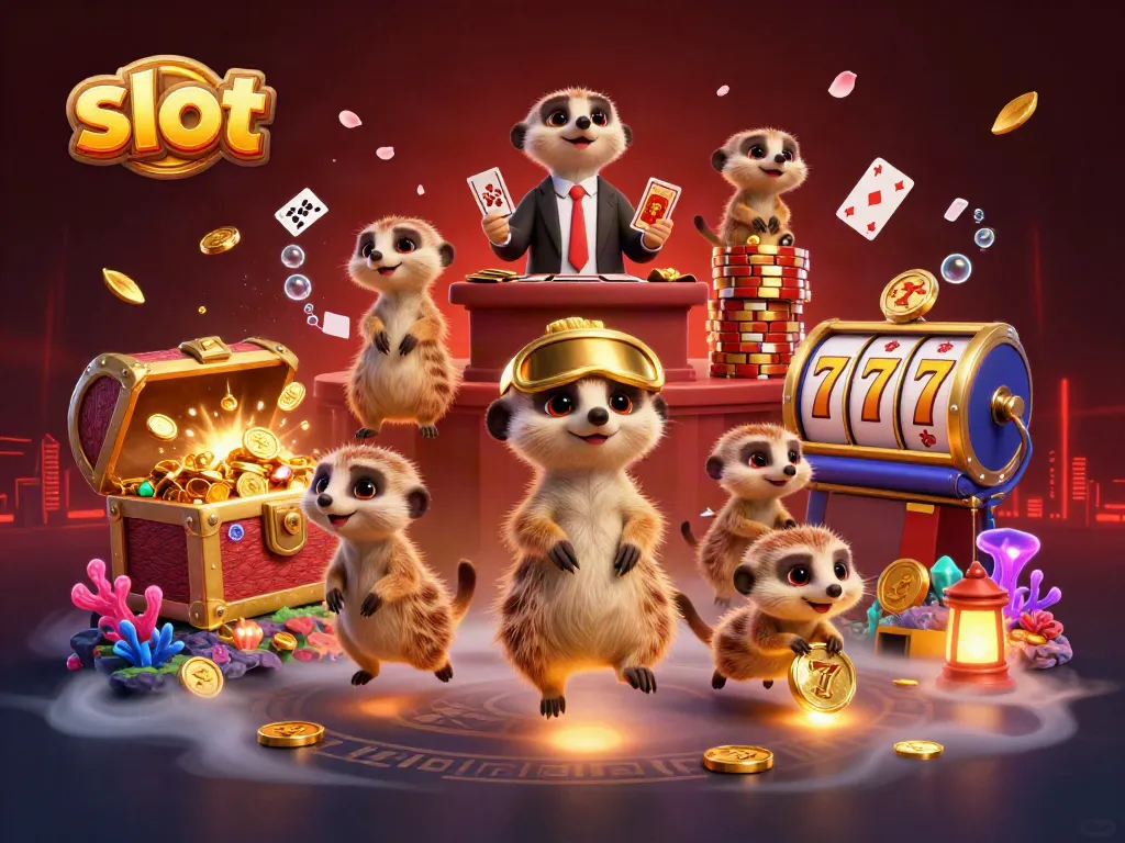 Meerkats engaging in a casino slot game operation, showcasing vibrant animated elements.
