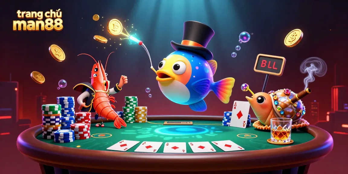 Experience thrilling wins at trang chủ man88 with vibrant casino-themed underwater adventure featuring poker characters.