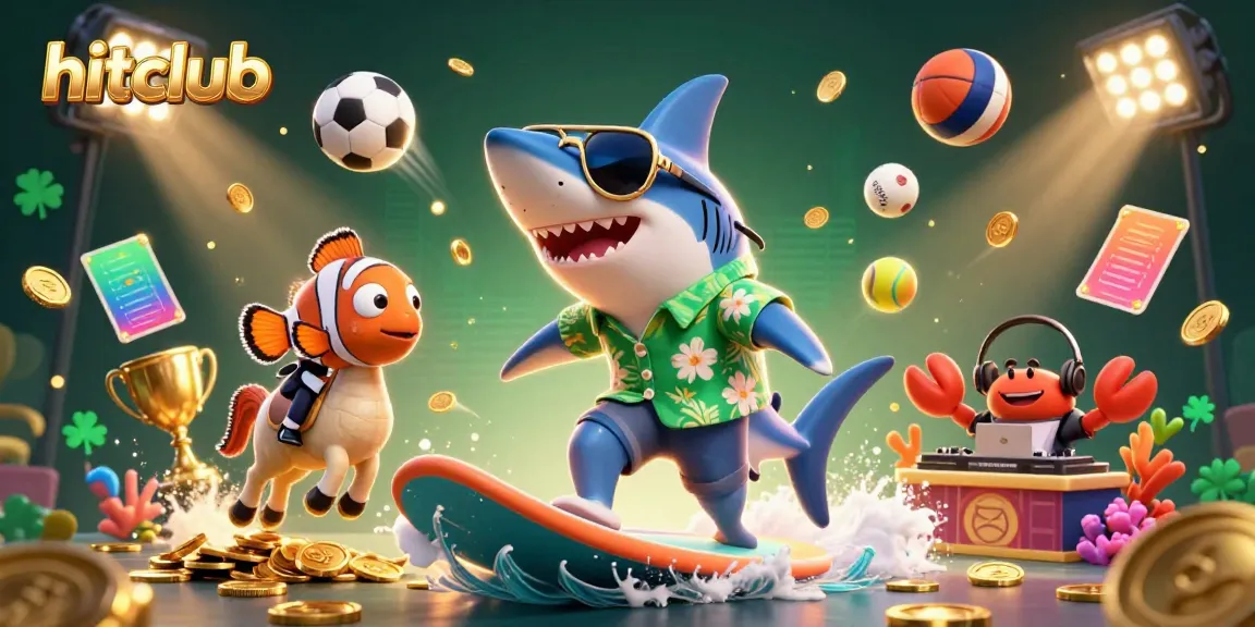 Experience hitclub's excitement with a vibrant casino scene featuring cartoon characters and gold coins.