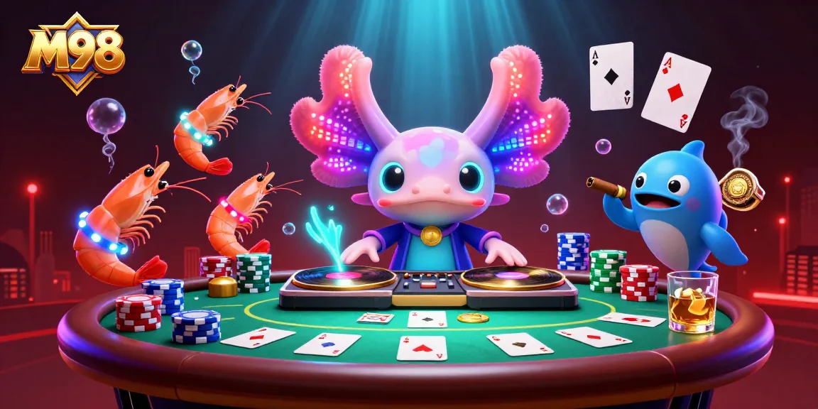Engage in thrilling gaming action at M98 with a vibrant underwater casino scene featuring lively characters.