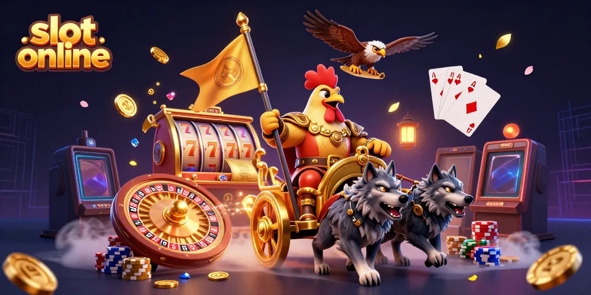 Spin and win with slot online in an adventurous scene of a rooster warlord and golden treasures.