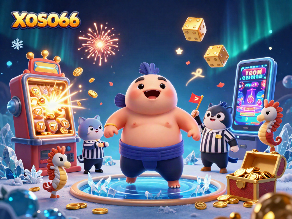 XOSO66 showcases an explosive underwater casino themed scene with vibrant cartoon characters and exciting gaming elements.