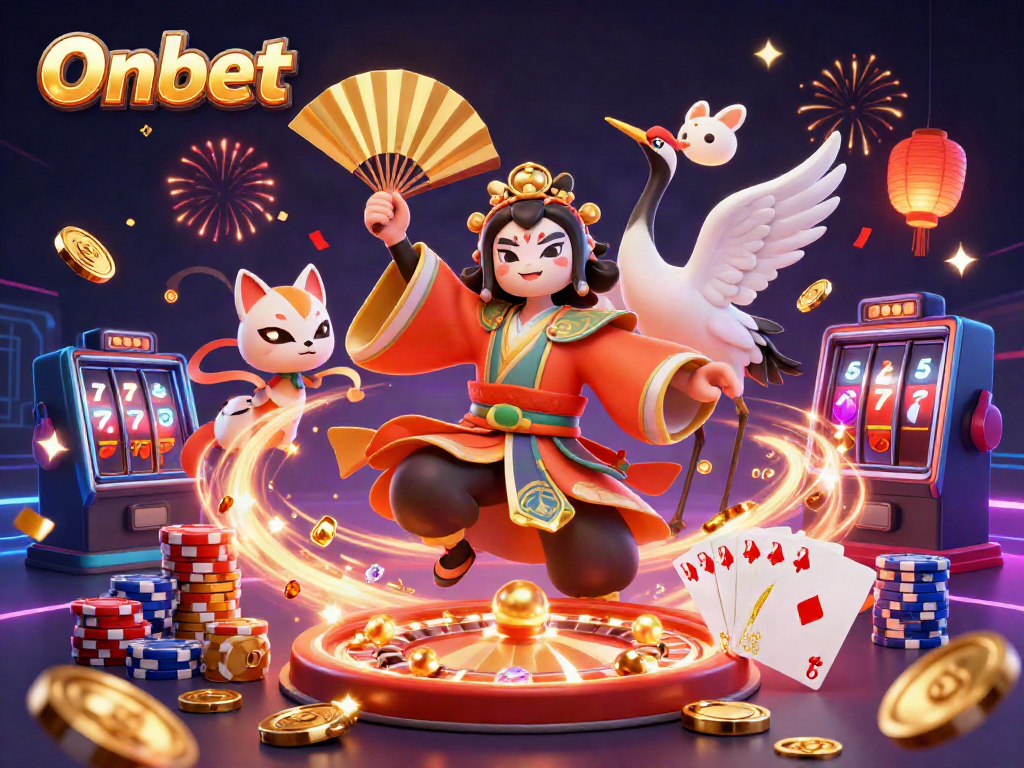 Experience Onbet's vibrant casino world with a kabuki warrior, luxurious elements, and festive details.