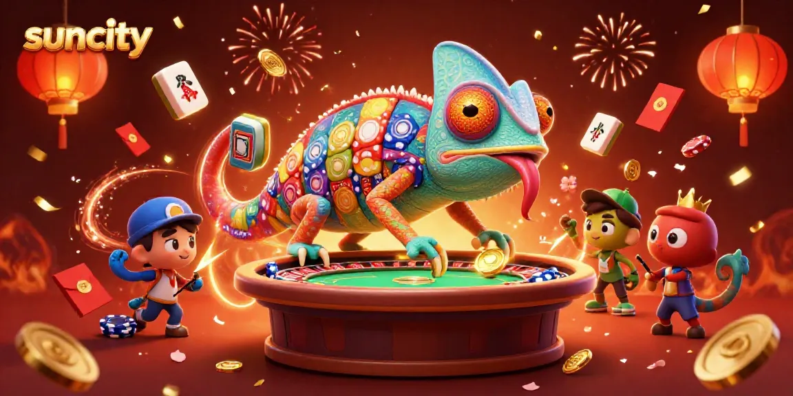 Watch the vibrant chameleon casino owner in action, capturing golden coins in a lively gambling scene with suncity vibes.