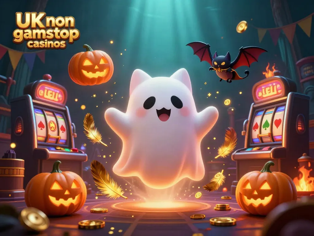Explore UK non gamstop casinos with a ghost cat and bat in a vibrant haunted casino.