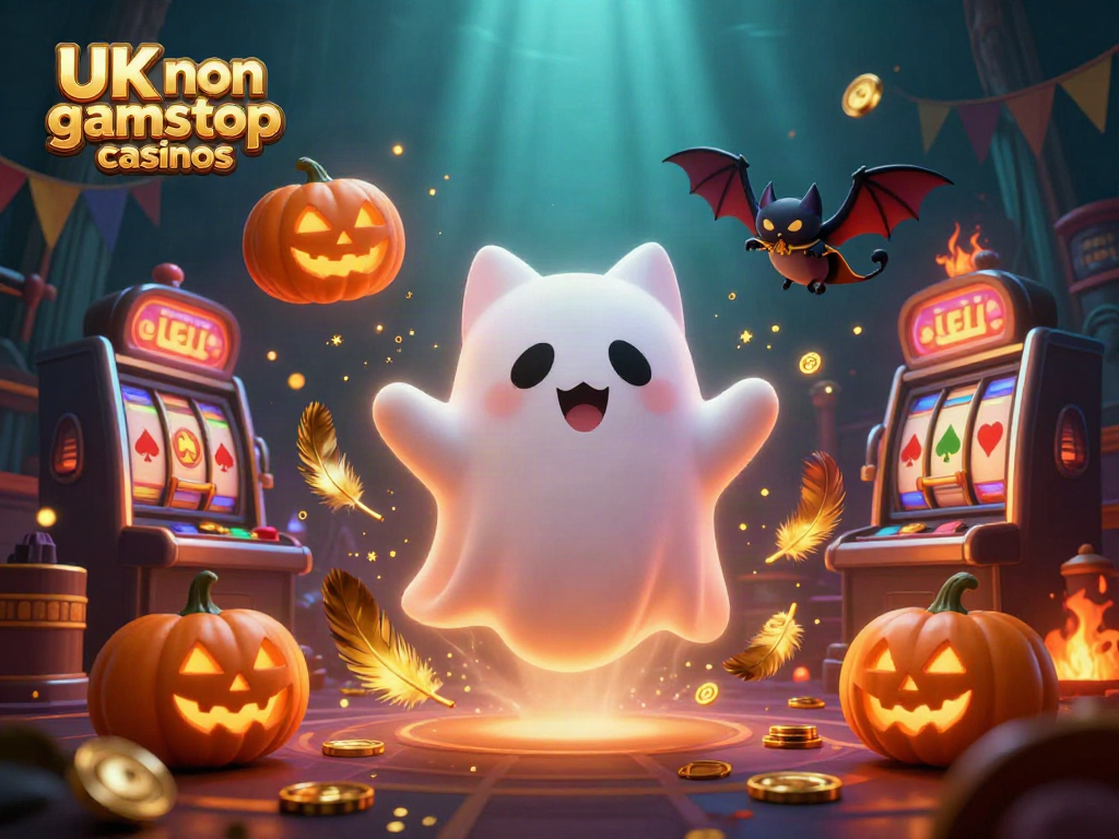 Explore UK non gamstop casinos with a ghost cat and bat in a vibrant haunted casino.