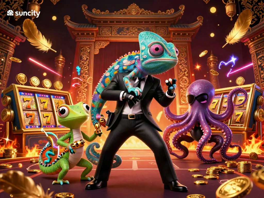 Suncity gambling scene features a colorful 3D illustration of a secret agent chameleon and his companions amidst slot reels and gold coins.