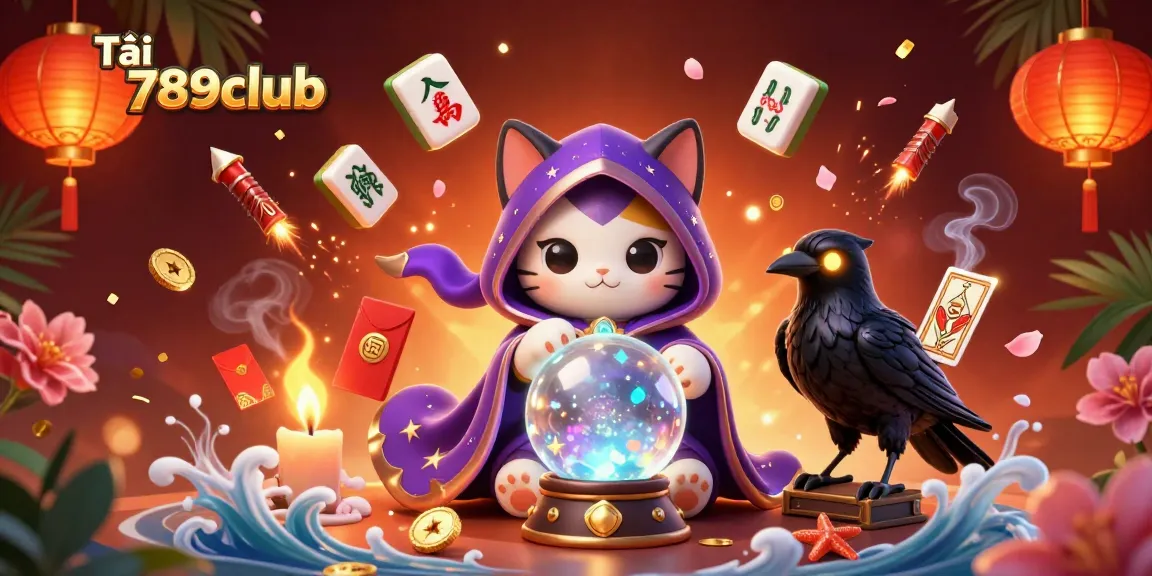 Tải 789club mystic illustration showcasing a fortune teller cat, raven, and dynamic casino elements.