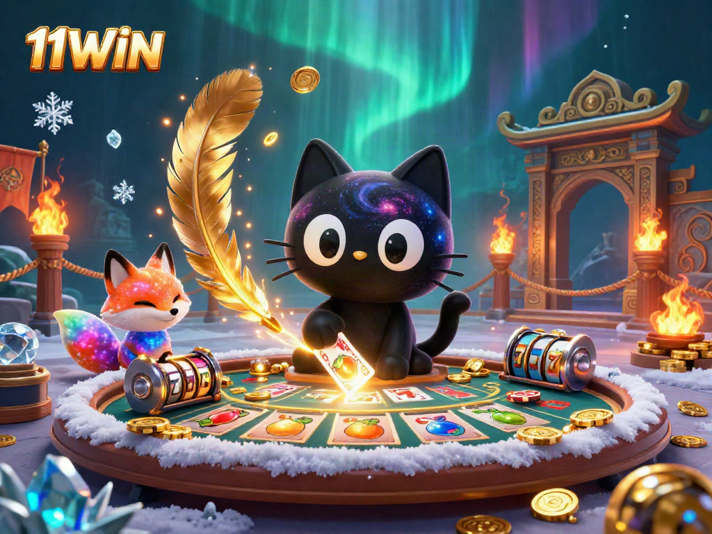Experience the vibrant world of 11WIN with a cosmic casino featuring a black hole cat and nebula fox.