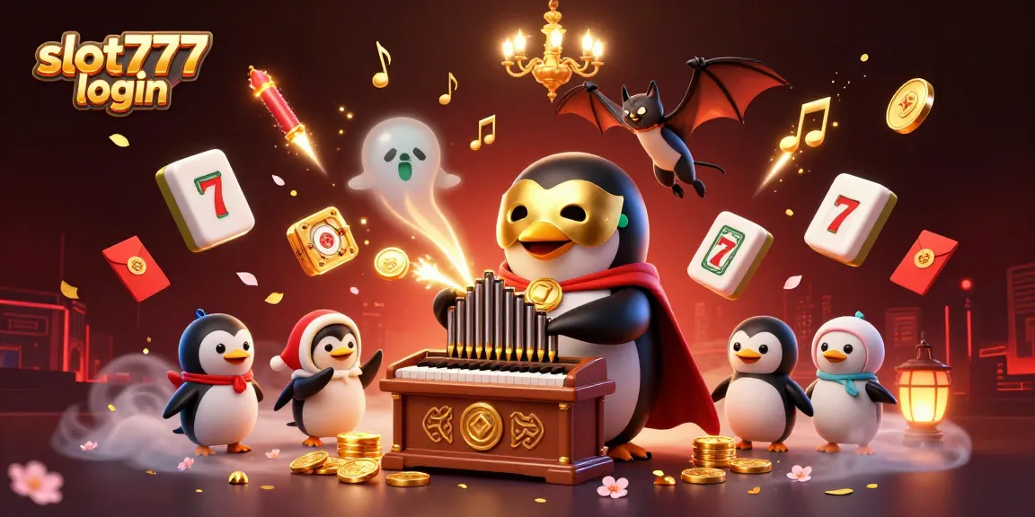 Engage with slot777 login featuring a whimsical opera penguin amidst floating casino elements and festive visuals.