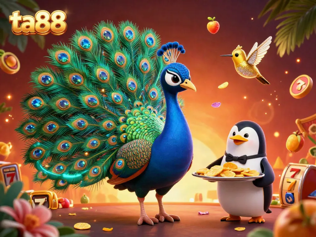 Experience the thrill of ta88 with a vibrant casino illustration showcasing a peacock and golden chips.