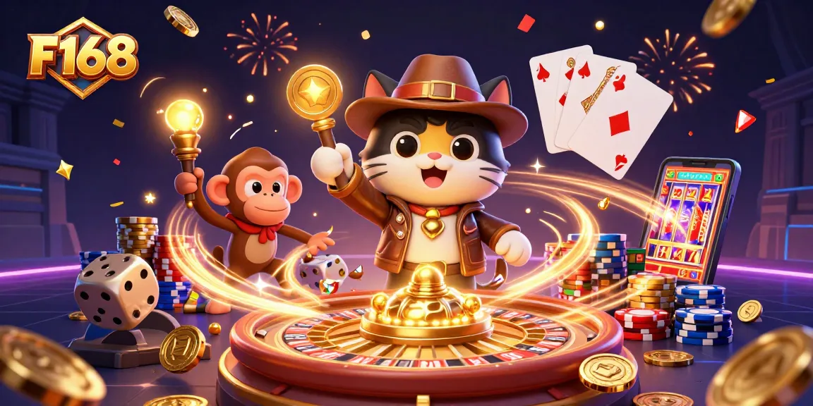 Experience the thrill of F168 casino adventures with a dynamic scene of treasures and excitement.