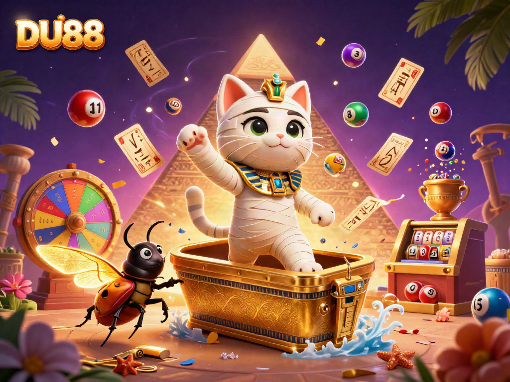 Experience thrilling games at DU88 with a vibrant scene featuring a mummy cat and dynamic lottery elements.