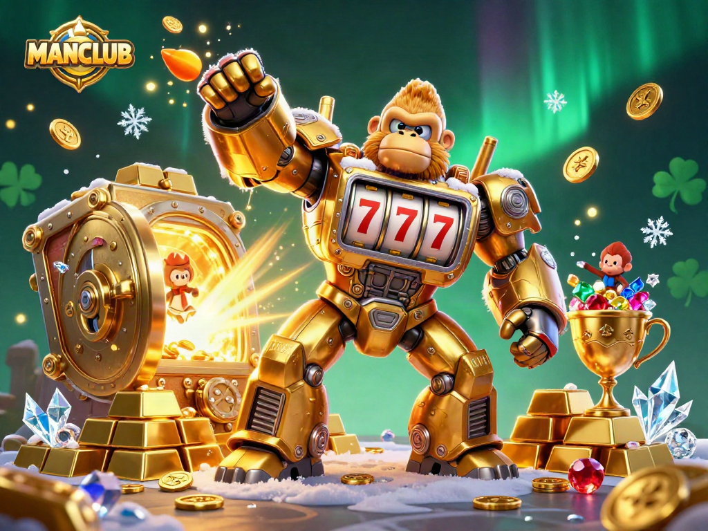 MANCLUB showcases golden gorilla mech amidst piles of wealth in a dynamic gambling scene with slot machines.