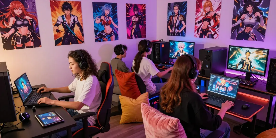 Engaging gamers enjoying femboy hentai games in a colorful, cozy setting with vibrant posters and modern devices.