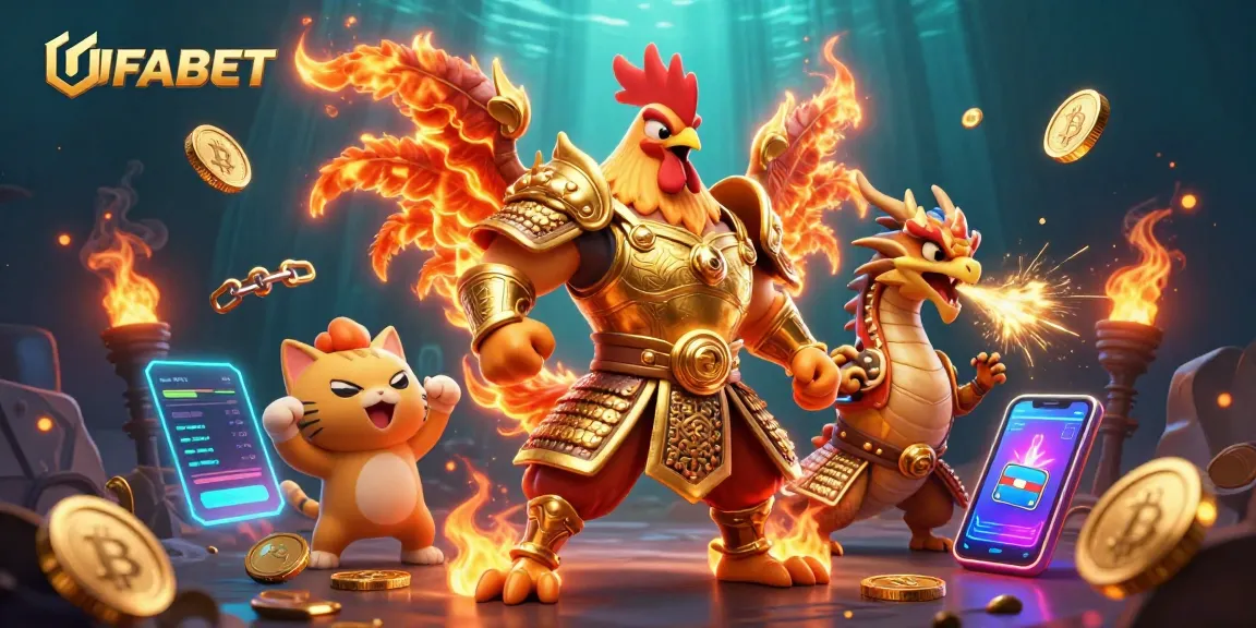 Bet on UFABET with an exciting illustration showcasing a rooster warrior and dragon hatchling celebrating with cryptocurrency.