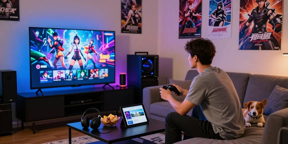 Engaged gamer enjoying hentai ganes in a vibrant living room setup.