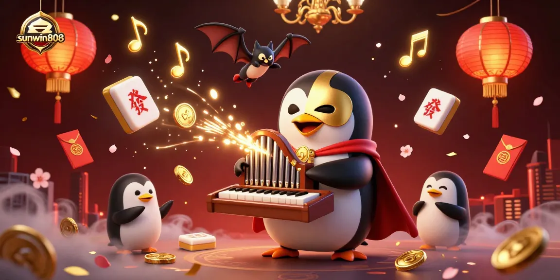 Experience the excitement of sunwin808 as the gaming penguin launches golden coins amidst vibrant casino elements.