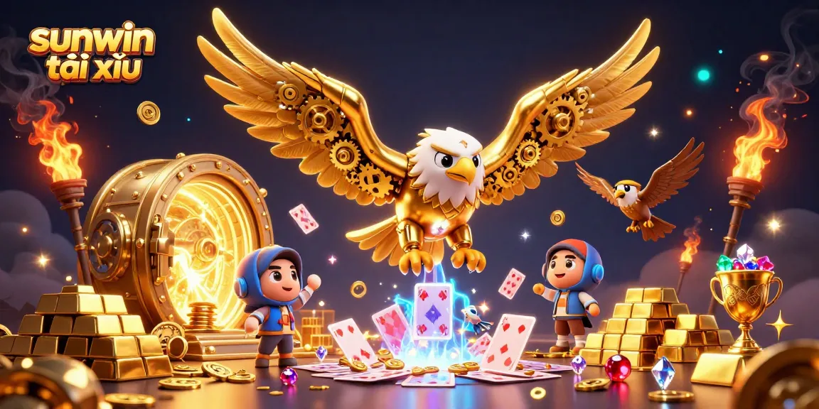 Experience sunwin tài xỉu with a thrilling illustration of a cybernetic eagle amidst riches.