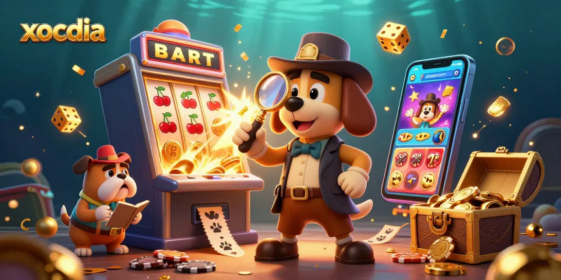 Xocdia game scene depicting a detective dog and his companion uncovering treasure amidst casino elements.