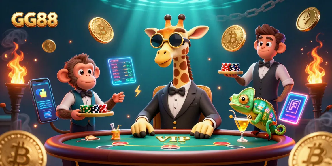 GG88 reveals high-stakes action with a giraffe, monkey, and chameleon in a vibrant casino scene.