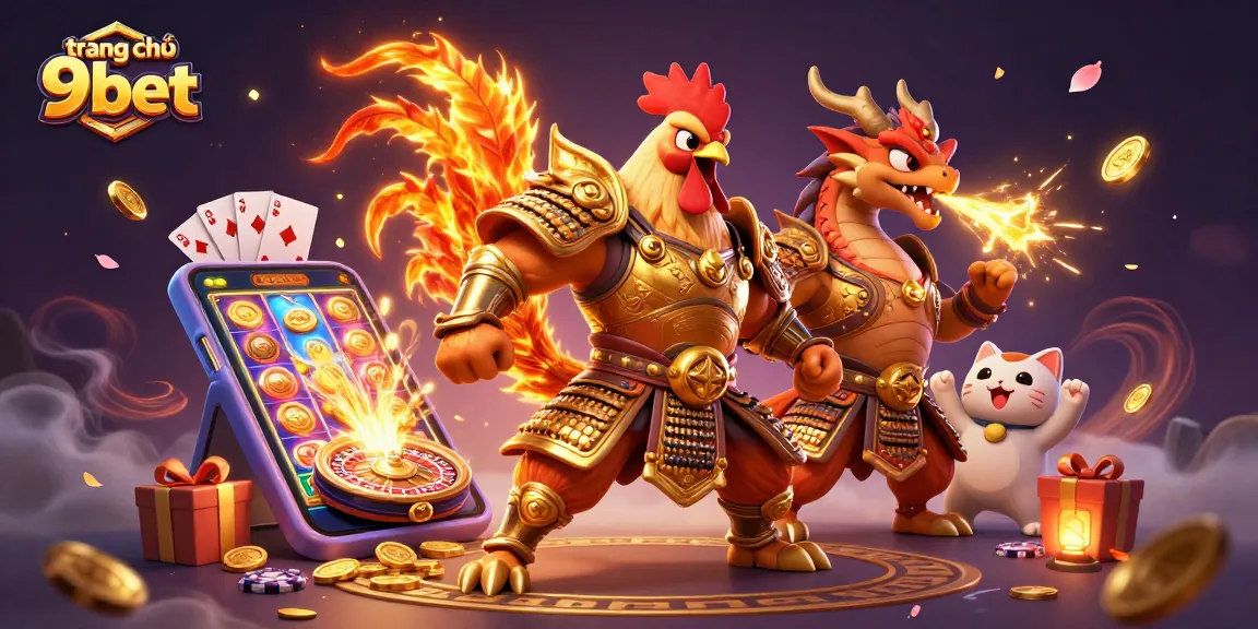 Experience thrills at trang chủ 9bet with vibrant gaming action featuring a fierce rooster warrior and dragon hatchling.