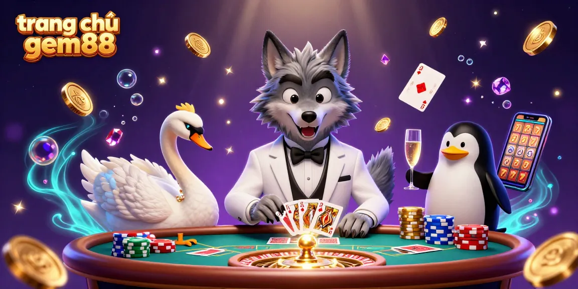 Experience the excitement of trang chủ gem88 with a vibrant 3D illustration showcasing a debonair wolf, elegant swan, and sophisticated penguin amidst thrilling casino action.