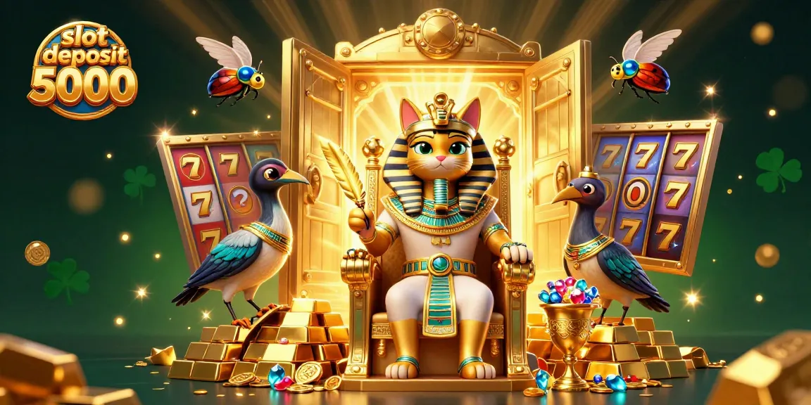Engage with the slot deposit 5000 experience featuring an Egyptian pharaoh cat amid gold and slot elements.